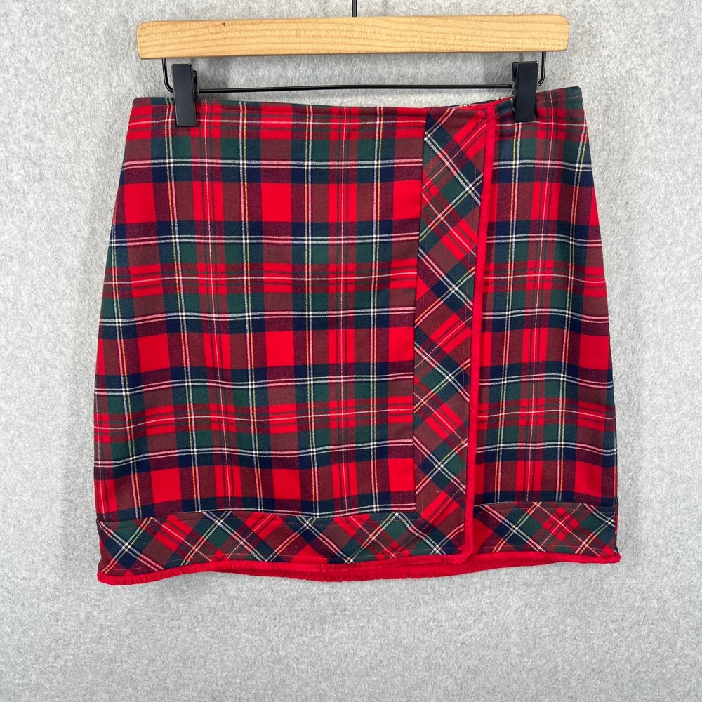 Vineyard Vines Plaid Wrap Skirt Womens 8 Red Tartan Fringed Hem Preowned